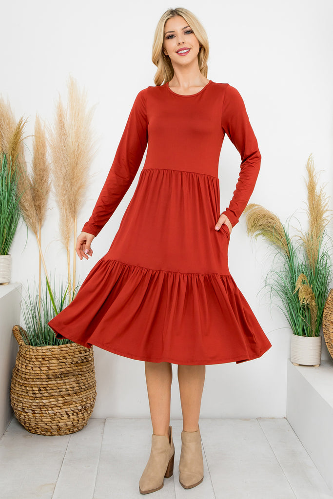 Solid Long Sleeve Tiered Pocket Dress