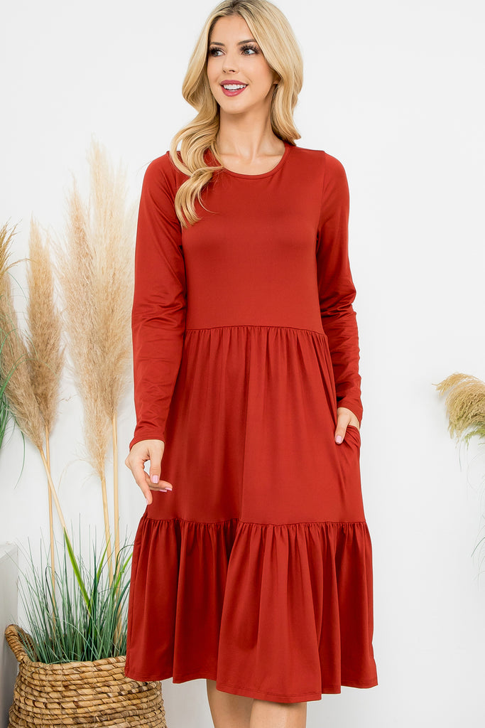 Solid Long Sleeve Tiered Pocket Dress