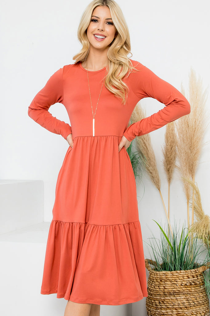 Solid Long Sleeve Tiered Pocket Dress