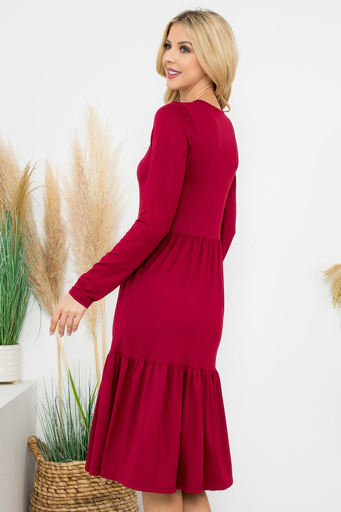 Solid Long Sleeve Tiered Pocket Dress