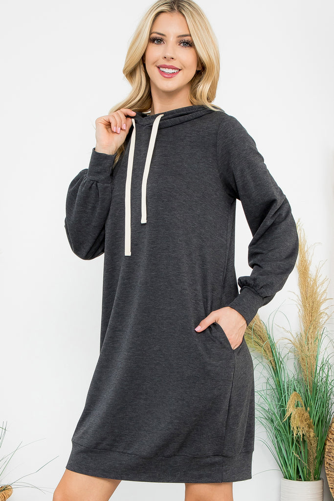 French Terry Long Puff Sleeve Hoodie Dress