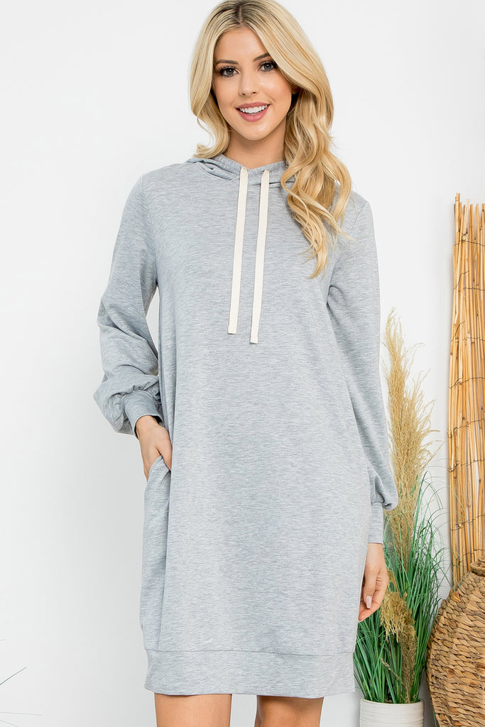 French Terry Long Puff Sleeve Hoodie Dress