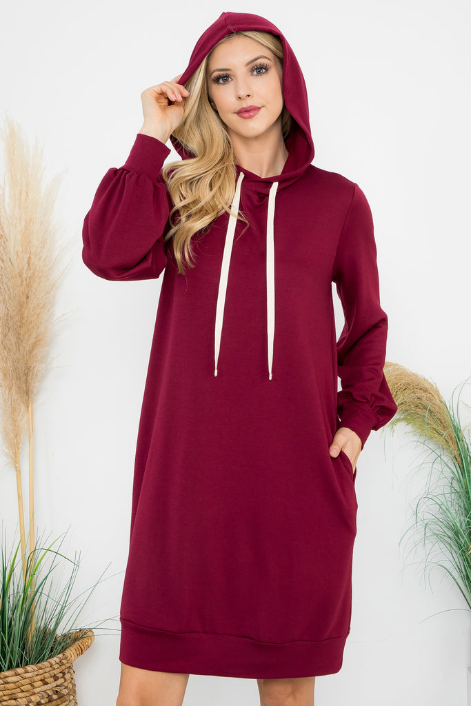 French Terry Long Puff Sleeve Hoodie Dress