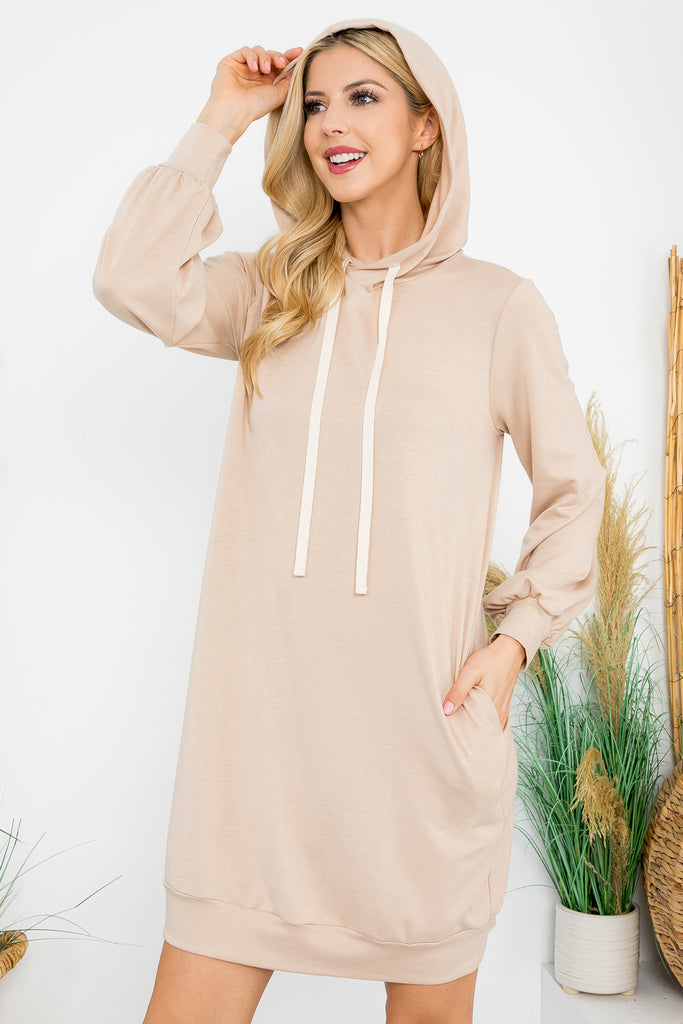 French Terry Long Puff Sleeve Hoodie Dress