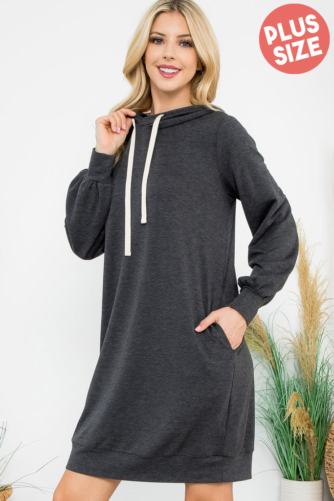 French Terry Long Puff Sleeve Hoodie Dress