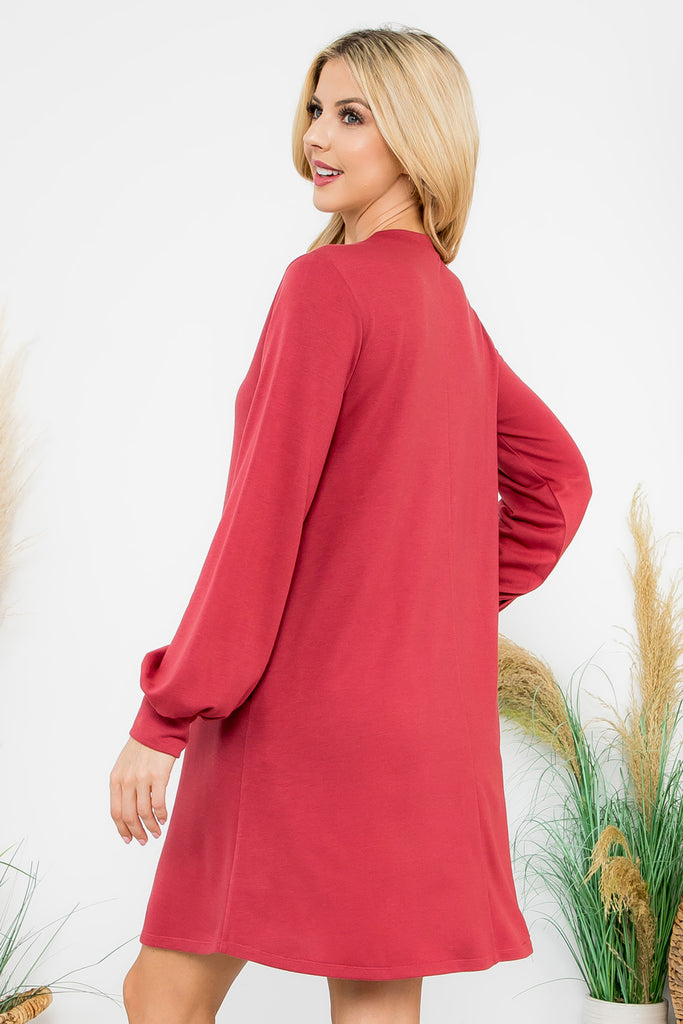 Long Puff Sleeve French Terry Dress with Pockets