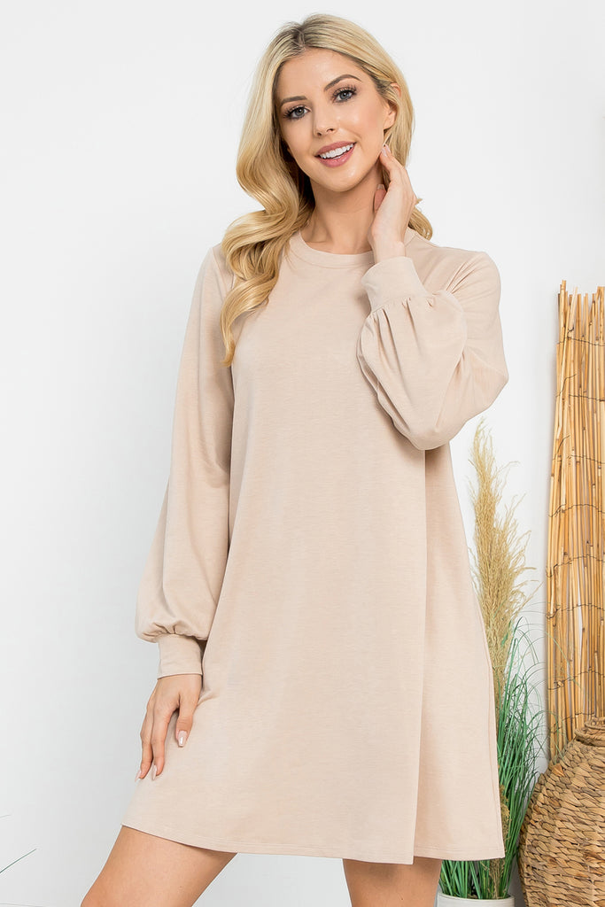 Long Puff Sleeve French Terry Dress with Pockets