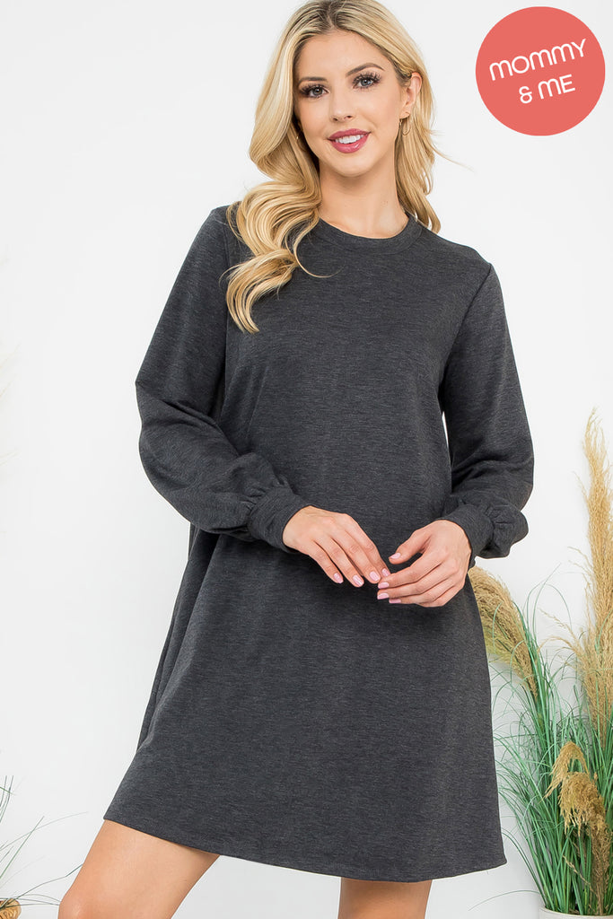 Long Puff Sleeve French Terry Dress with Pockets