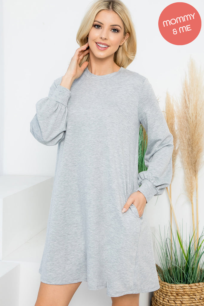 Long Puff Sleeve French Terry Dress with Pockets