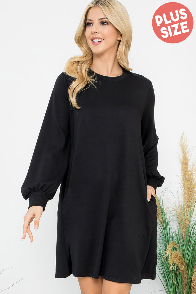 Long Puff Sleeve French Terry Dress with Pockets