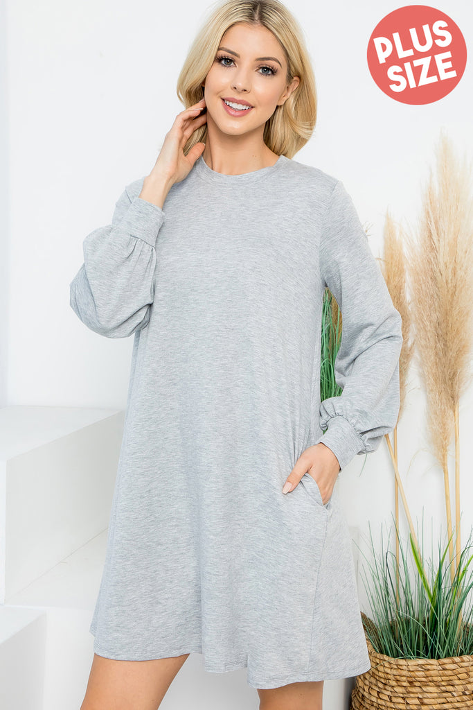 Long Puff Sleeve French Terry Dress with Pockets