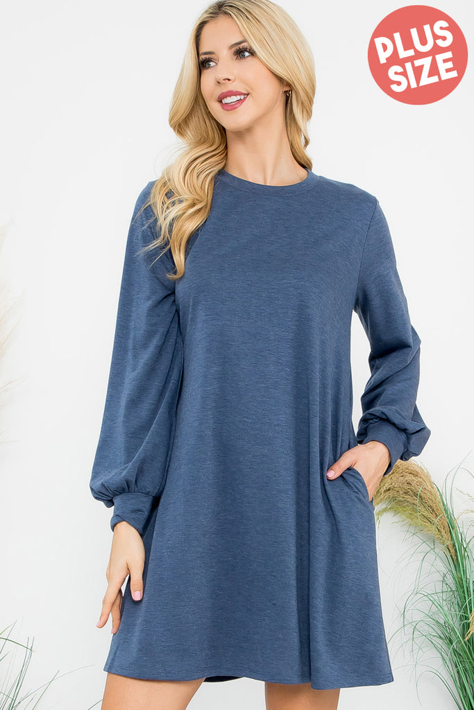 Long Puff Sleeve French Terry Dress with Pockets