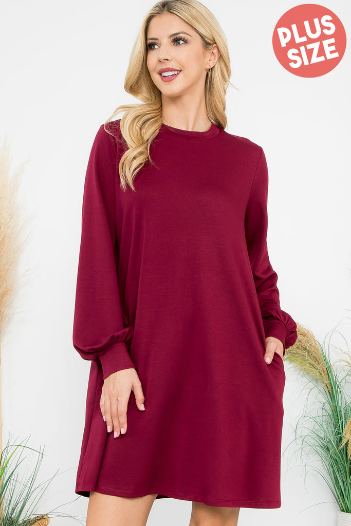 Long Puff Sleeve French Terry Dress with Pockets