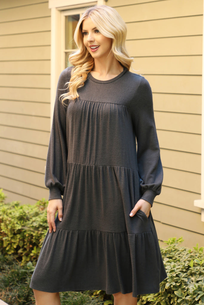 Puff Long Sleeve Tiered Hacci Brushed Dress