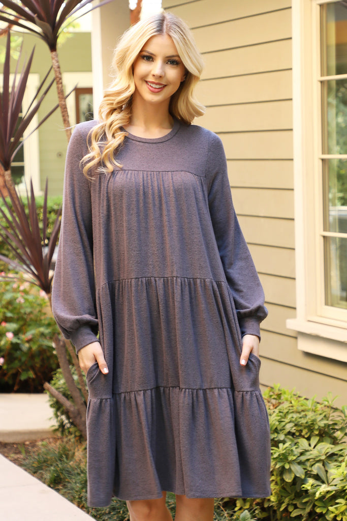 Puff Long Sleeve Tiered Hacci Brushed Dress