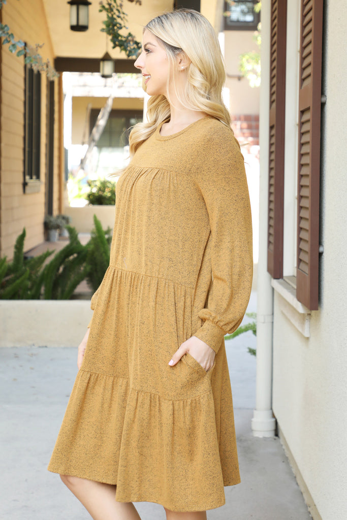 Puff Long Sleeve Tiered Hacci Brushed Dress