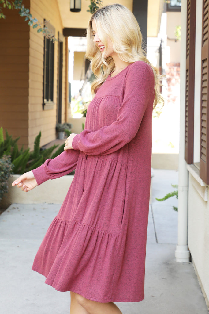 Puff Long Sleeve Tiered Hacci Brushed Dress