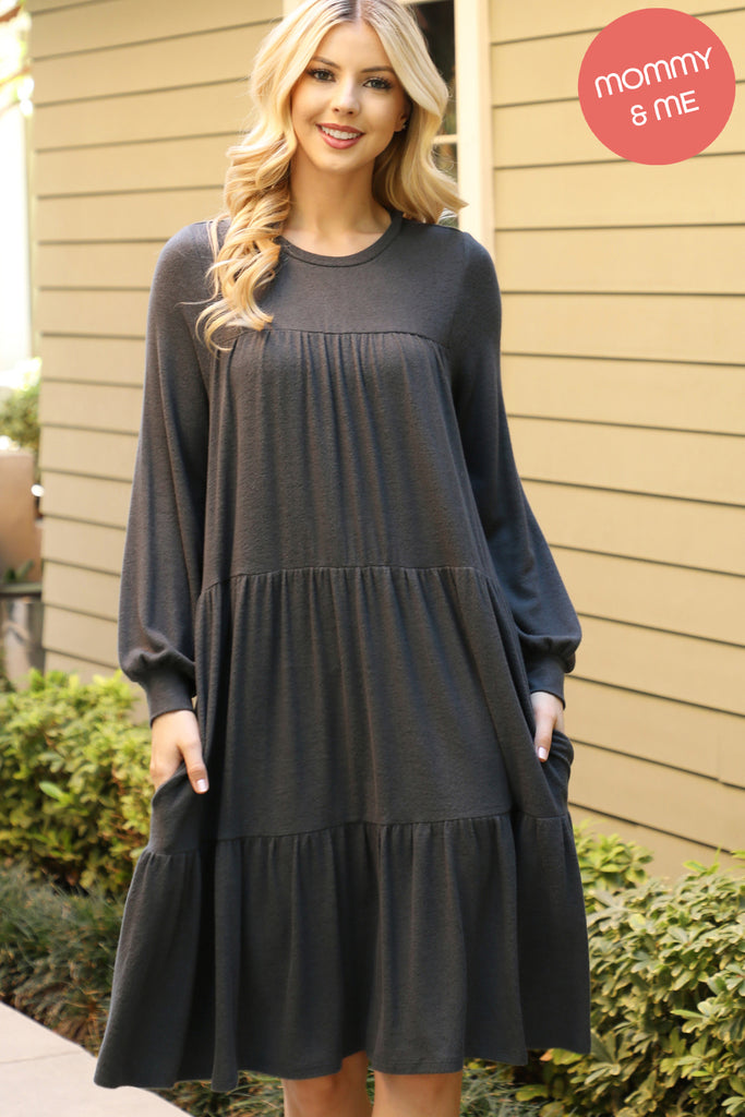 Puff Long Sleeve Tiered Hacci Brushed Dress