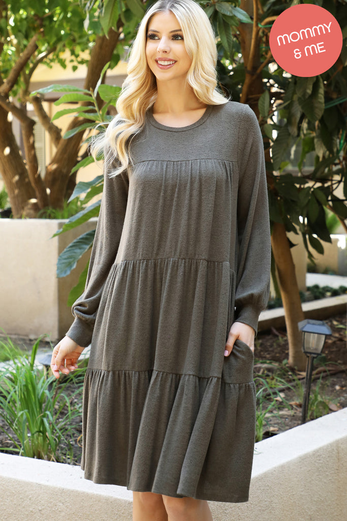 Puff Long Sleeve Tiered Hacci Brushed Dress