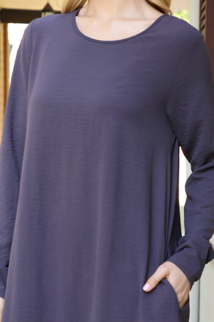 Long Sleeve Flat Merrow Detail Hem Woven Dress