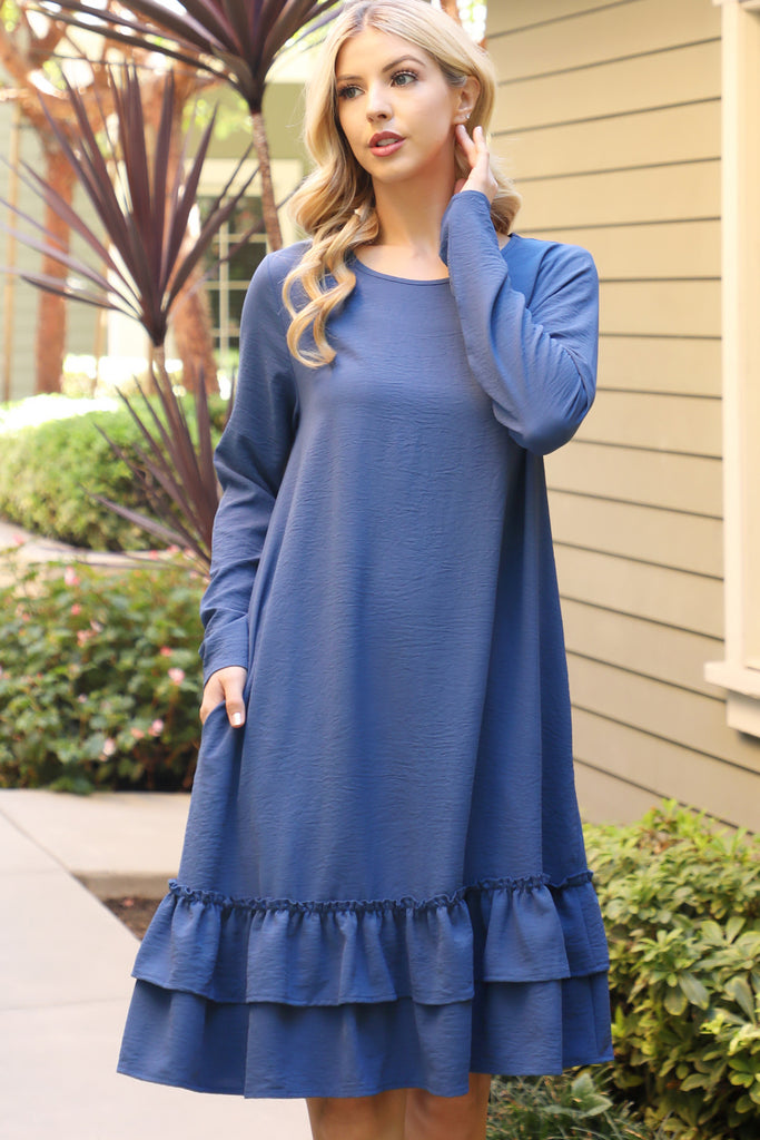 Long Sleeve Flat Merrow Detail Hem Woven Dress