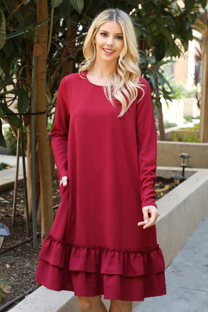 Long Sleeve Flat Merrow Detail Hem Woven Dress