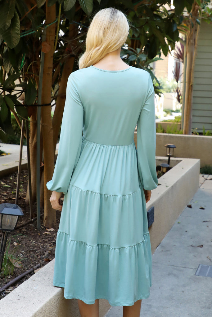 Solid Long Sleeve Elastic Waist Tiered Dress