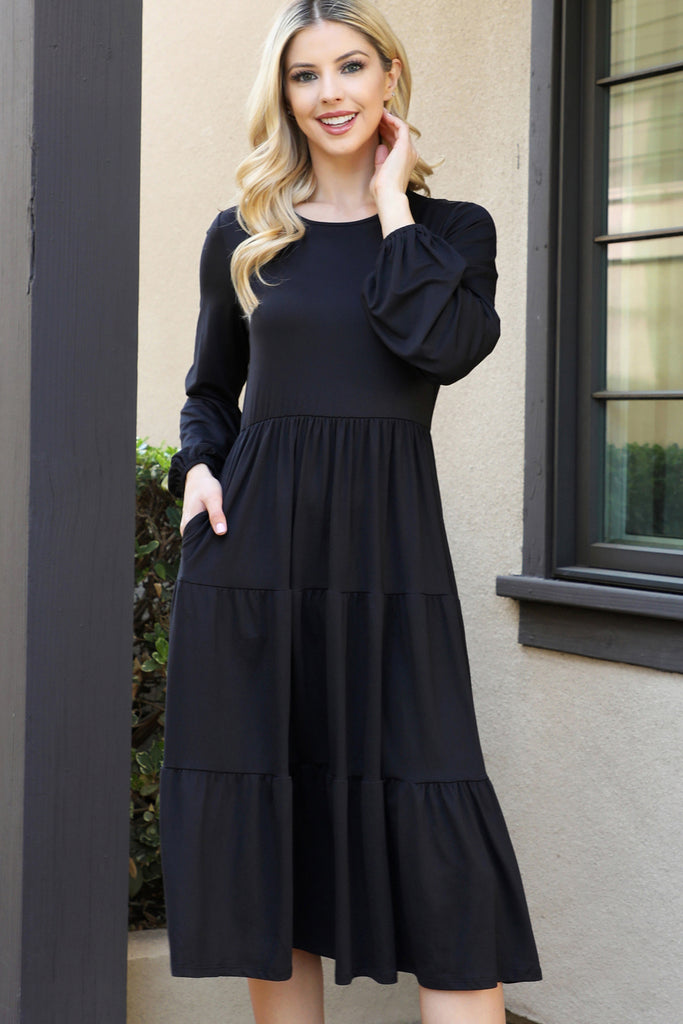 Solid Long Sleeve Elastic Waist Tiered Dress Riah Fashion Solid Long Sleeve Elastic Waist Tiered Dress Riah Fashion