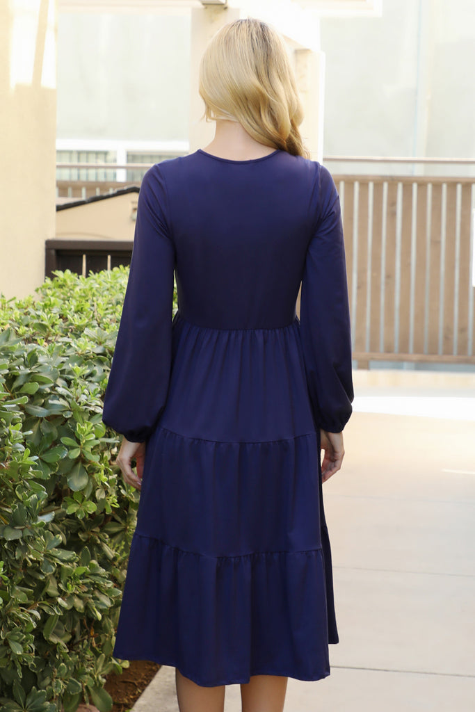 Solid Long Sleeve Elastic Waist Tiered Dress Riah Fashion Solid Long Sleeve Elastic Waist Tiered Dress Riah Fashion