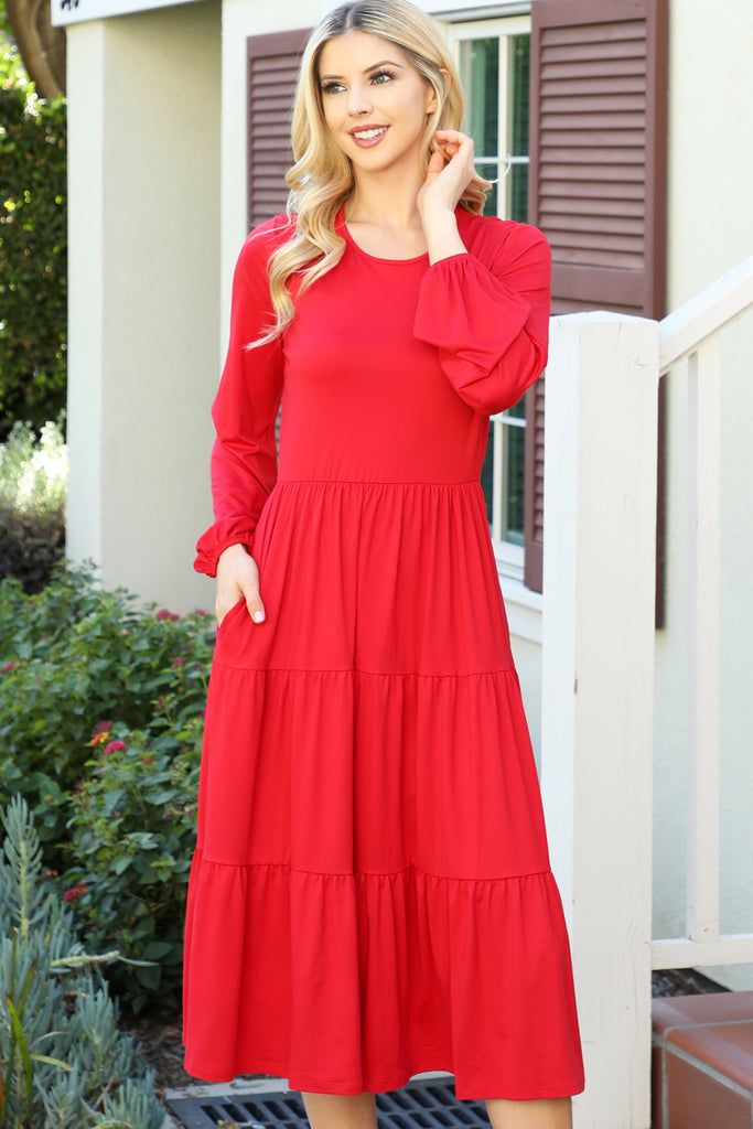 Solid Long Sleeve Elastic Waist Tiered Dress Riah Fashion Solid Long Sleeve Elastic Waist Tiered Dress Riah Fashion