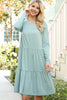 Solid Long Sleeve Shirring Tiered Detailed Dress