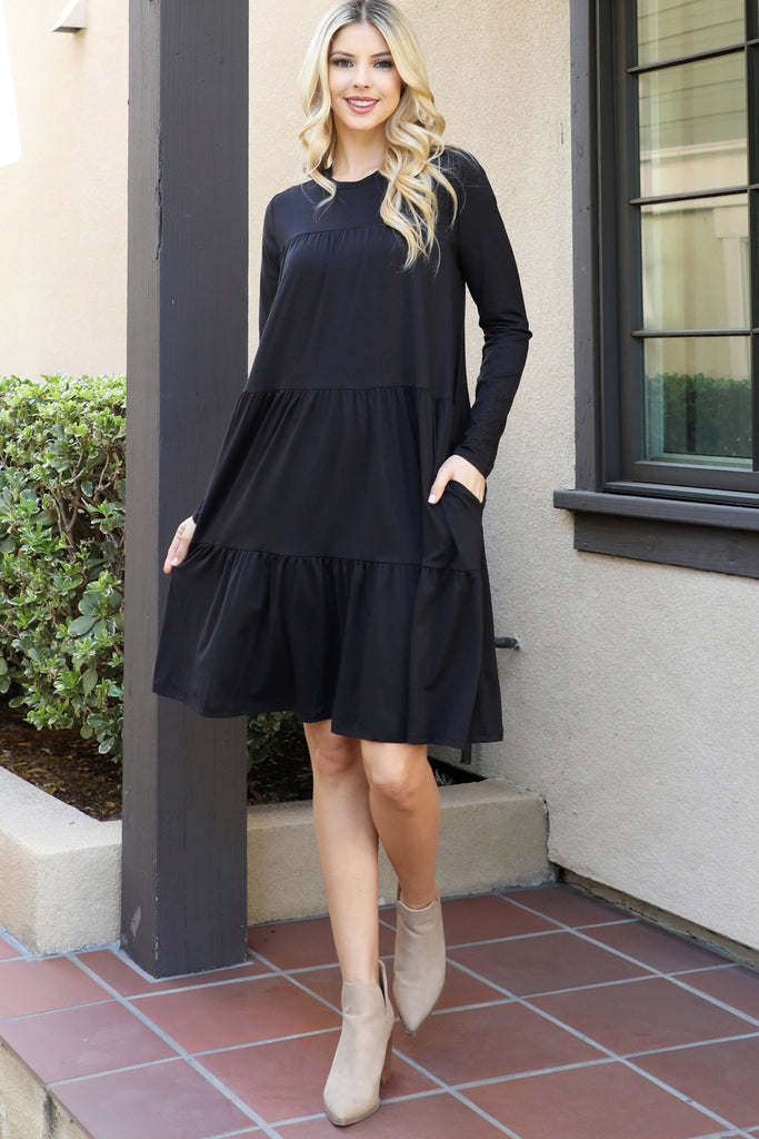 Solid Long Sleeve Shirring Tiered Detailed Dress
