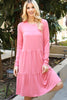 Solid Long Sleeve Shirring Tiered Detailed Dress