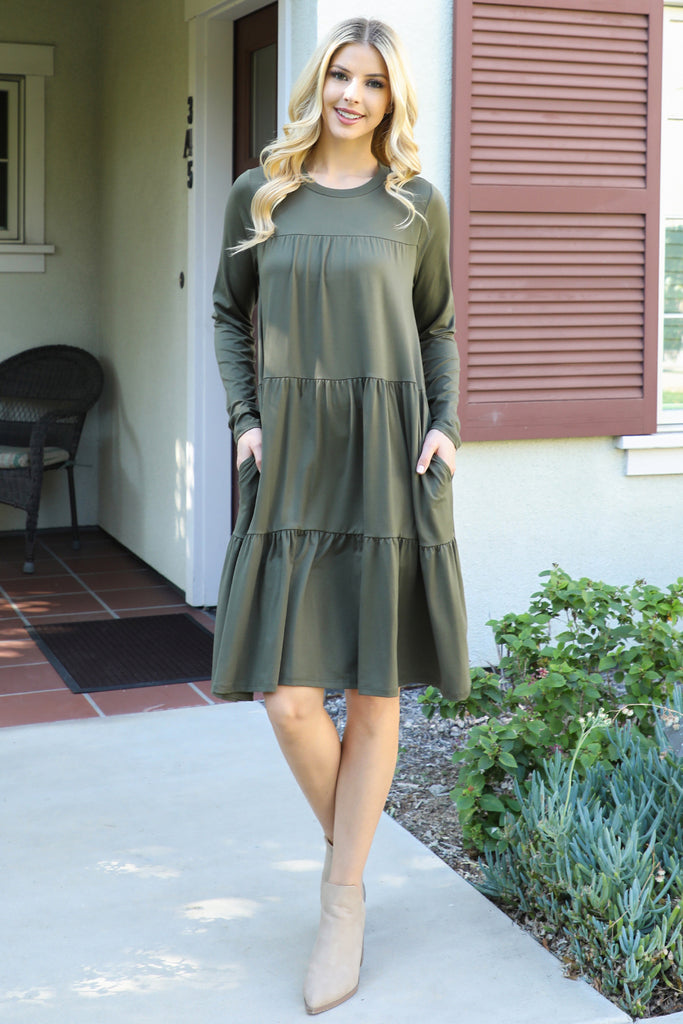 Solid Long Sleeve Shirring Tiered Detailed Dress