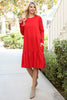 Solid Long Sleeve Shirring Tiered Detailed Dress