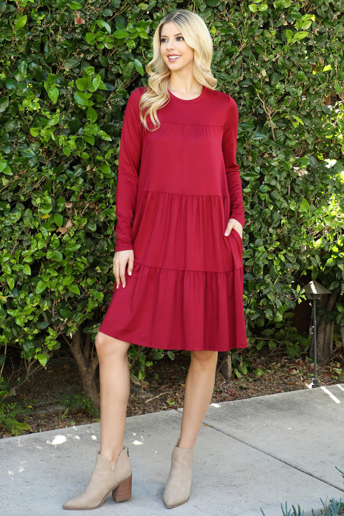 Solid Long Sleeve Shirring Tiered Detailed Dress