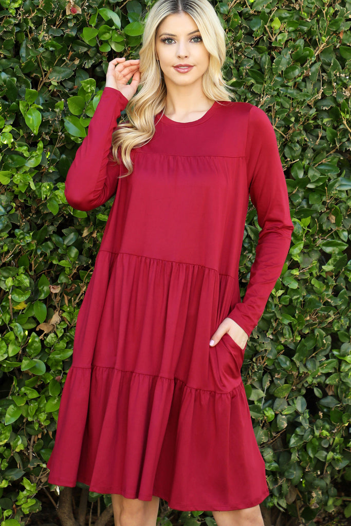 Solid Long Sleeve Shirring Tiered Detailed Dress