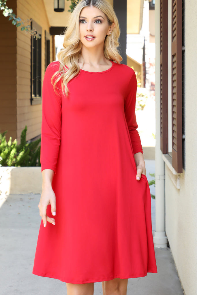 Solid Quarter Sleeve Round Neck Dress