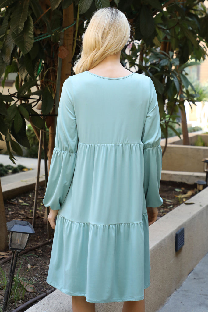 Solid V-Neck Elastic Detail Sleeve Tiered Dress