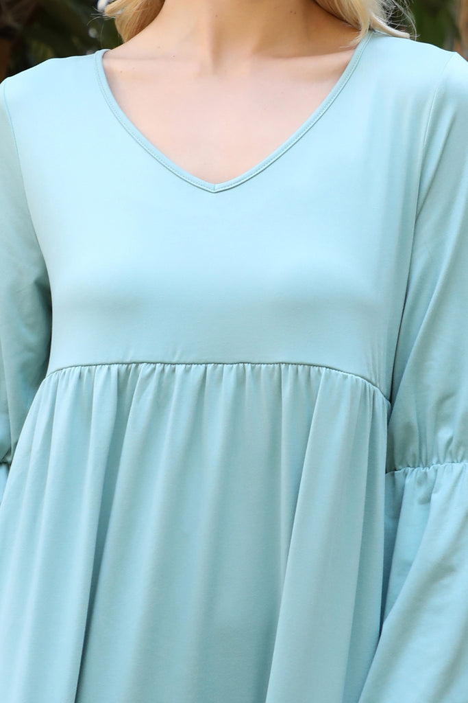 Solid V-Neck Elastic Detail Sleeve Tiered Dress