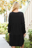 Solid V-Neck Elastic Detail Sleeve Tiered Dress