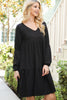 Solid V-Neck Elastic Detail Sleeve Tiered Dress