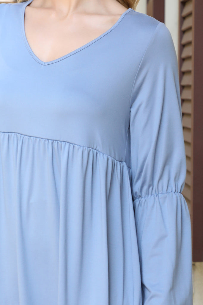 Solid V-Neck Elastic Detail Sleeve Tiered Dress