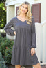 Solid V-Neck Elastic Detail Sleeve Tiered Dress