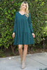 Solid V-Neck Elastic Detail Sleeve Tiered Dress