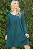 Solid V-Neck Elastic Detail Sleeve Tiered Dress