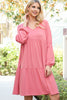 Solid V-Neck Elastic Detail Sleeve Tiered Dress