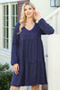 Solid V-Neck Elastic Detail Sleeve Tiered Dress