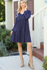 Solid V-Neck Elastic Detail Sleeve Tiered Dress