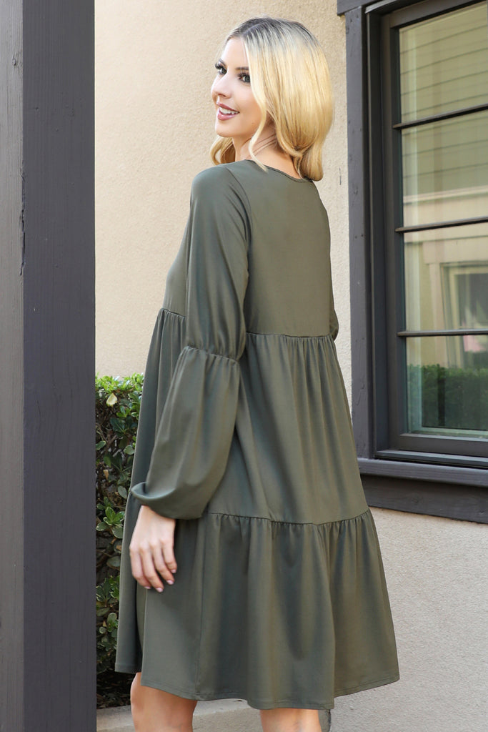 Solid V-Neck Elastic Detail Sleeve Tiered Dress